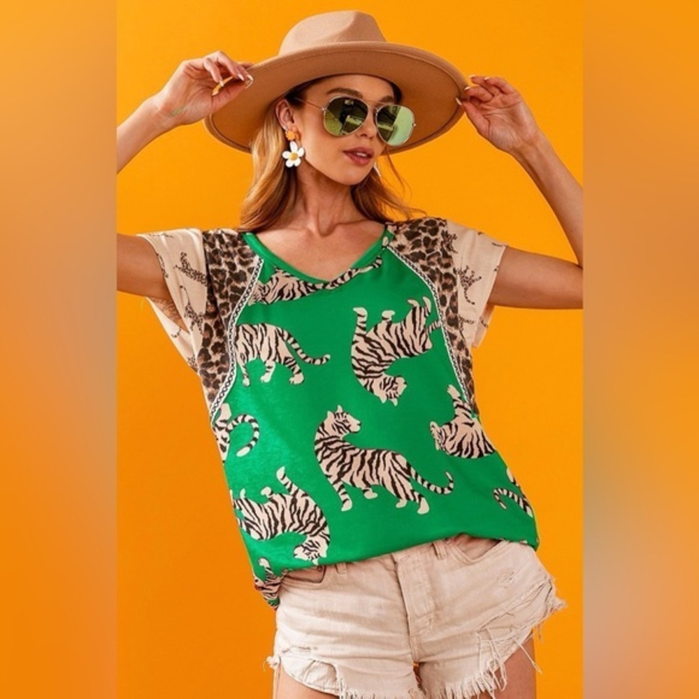 BiBi Tiger Printed Jersey Block T-Shirt with Aztec Trim